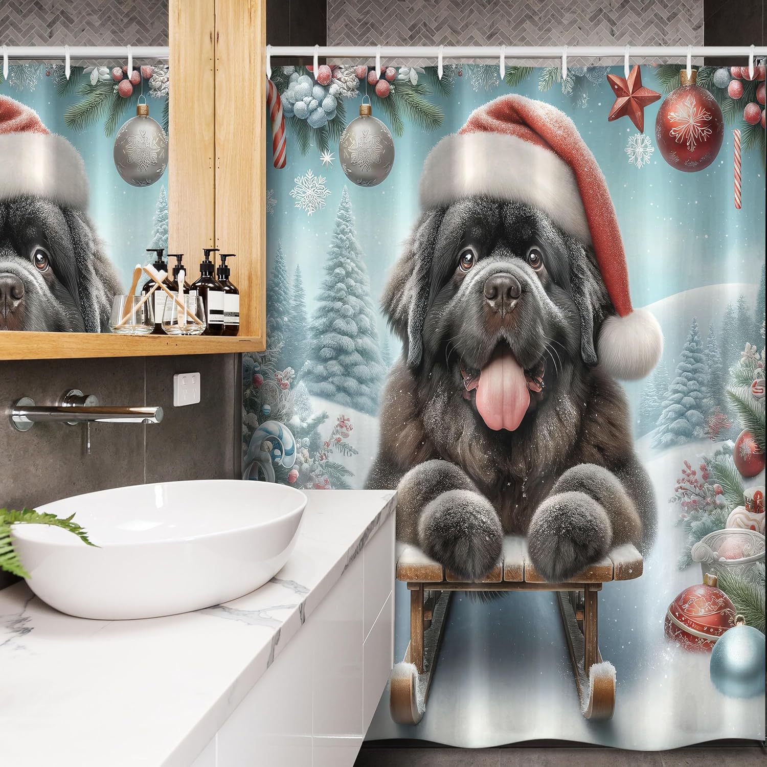 Ambesonne Christmas Stall Shower Curtain, Happy Newfoundland Dog with a Santa Hat Sledding on a Snowy Hill, Fabric Bathroom Decor Set with Hooks, 54" W x 78" L, Dark Grey and Pale Blue