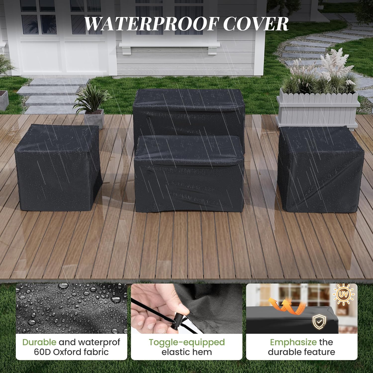Patio furniture set covered with a black waterproof cover.
