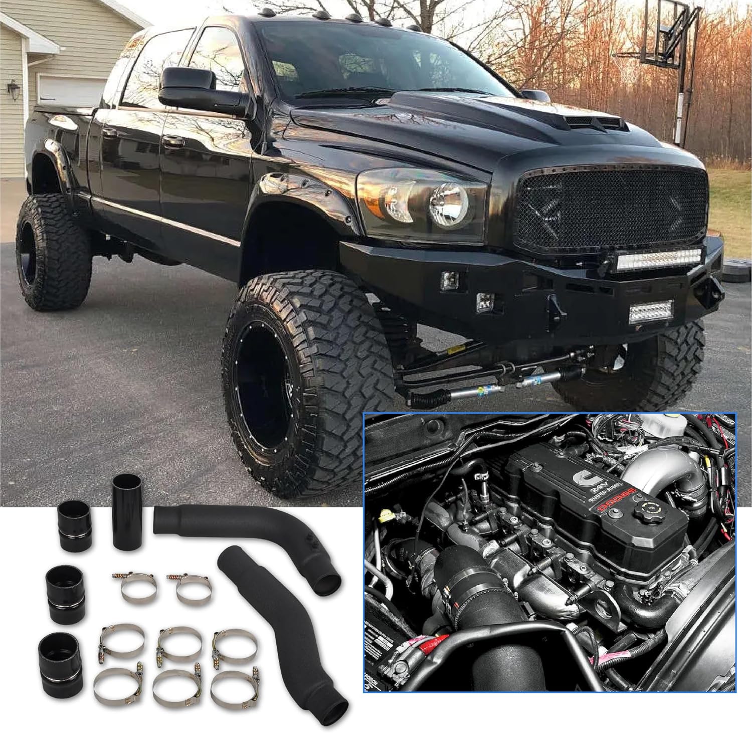 Intercooler Pipe & Boot Kit Compatible with 2003-2007 Dodge Ram 5.9L Cummins Diesel-Black