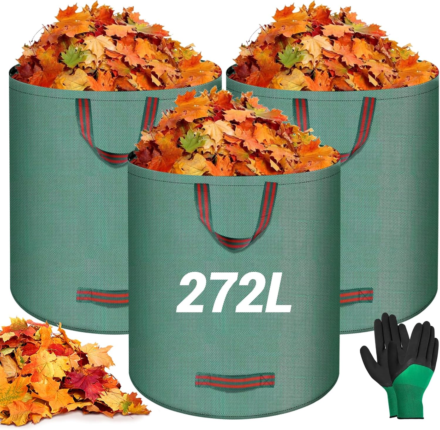 3 Sacchi per rifiuti da giardino da 272 litri con 4 manici, Sacchi da giardino, Impermeabili, Design autoportante, Sacchi per foglie pieghevoli, Forti e durevoli per foglie, erbacce, rifiuti