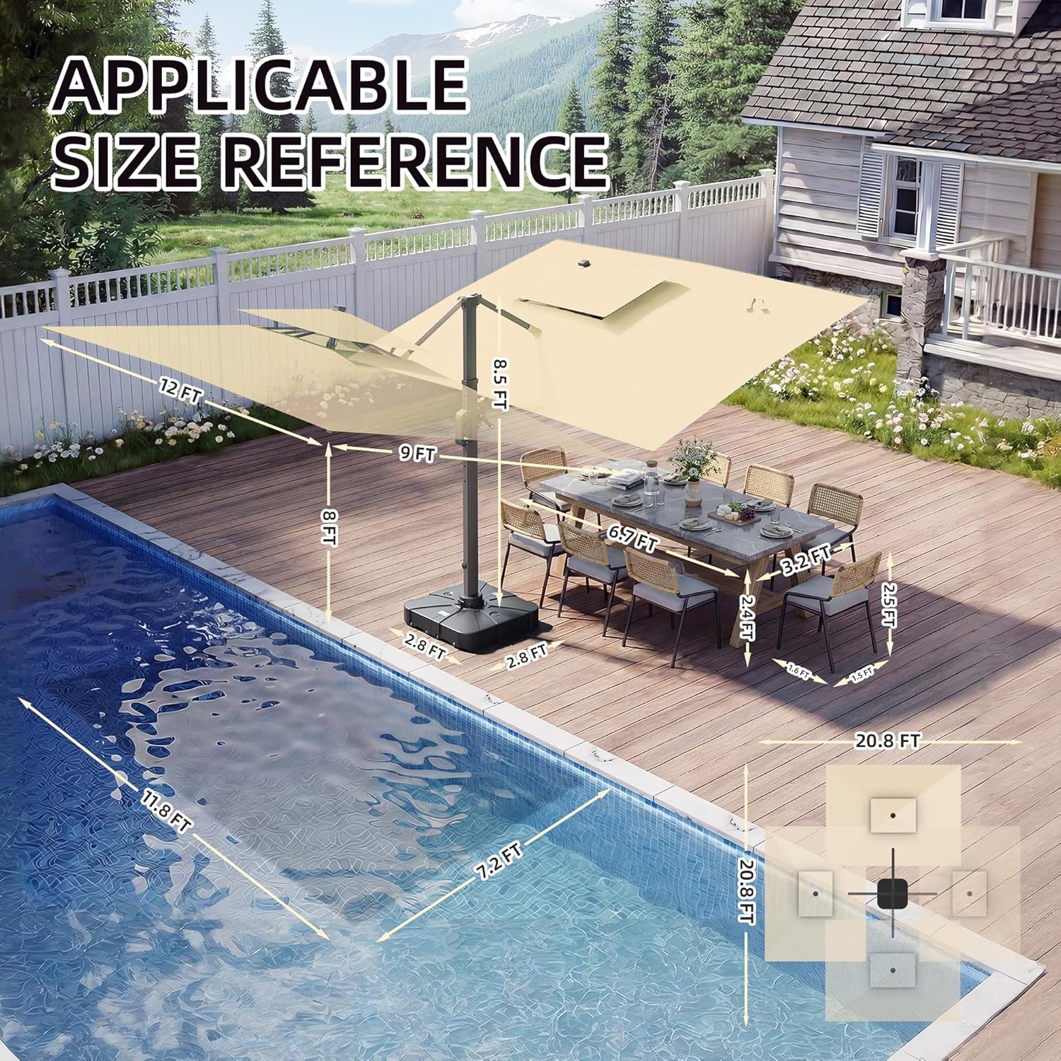9 X 12 FT Cantilever Patio Umbrella with Led Lights and Base Included Heavy Duty Outdoor Double Top Large Rectangle Offset Umbrellas with 360-degree Rotation for Garden Pool Deck Backyard, Beige