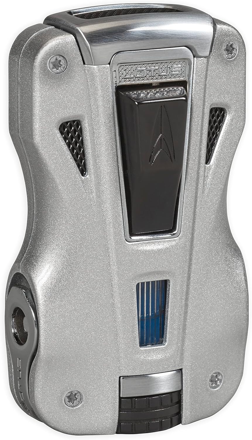 Lotus GT Cigar Lighter with Double Pinpoint Wind-Resistant Torch Flames, Metal Housing, Two Fold-Out Cigar Punches, Two-Sided Fuel Level Window, Large Tire-Shaped Flame Adjuster (Black & Black Matte)