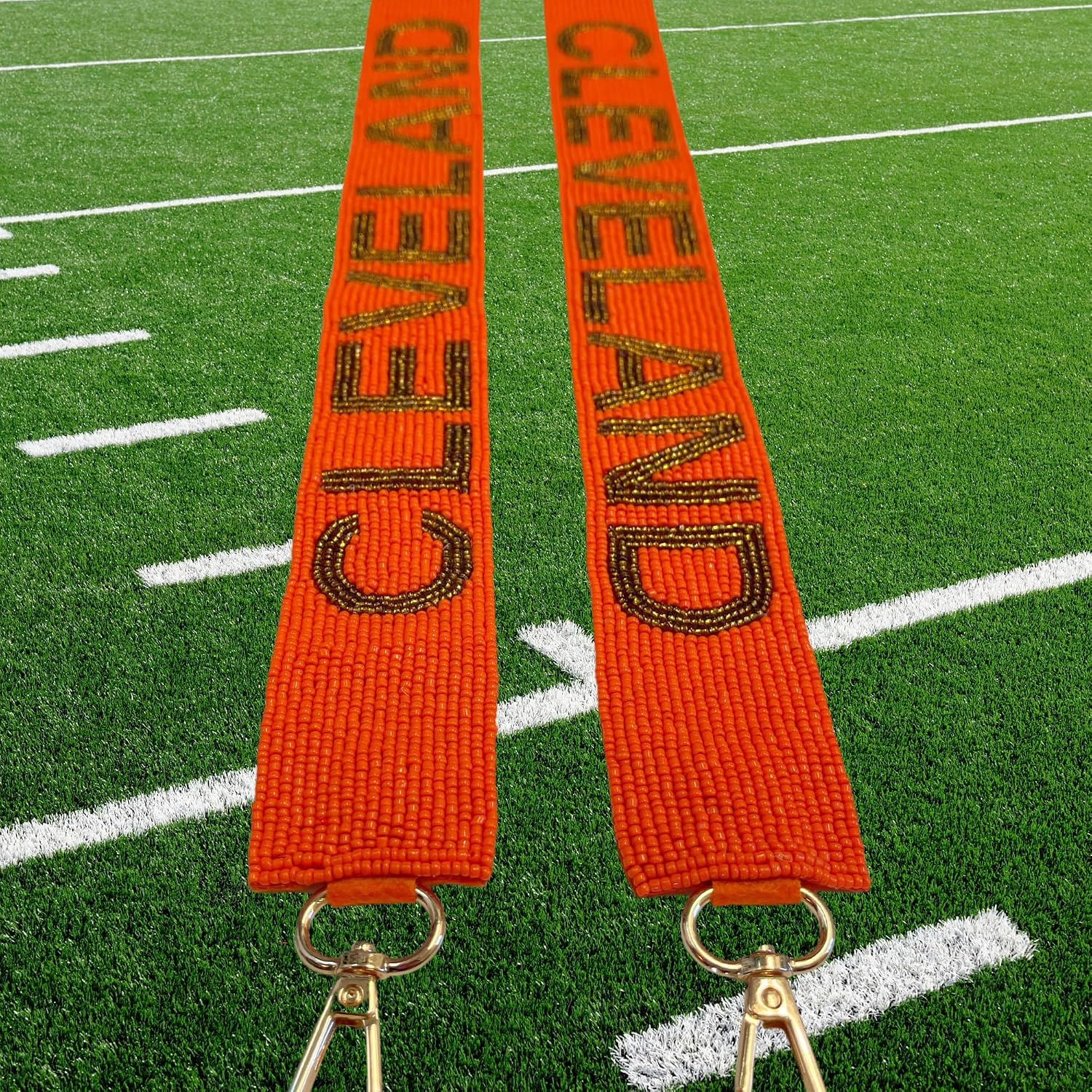 Lashicorn Cleveland Orange Beaded Purse Strap Brown Letters 49” Pro Football Stadium Approved Clear Bag Gold Hardware Sports Ohio North