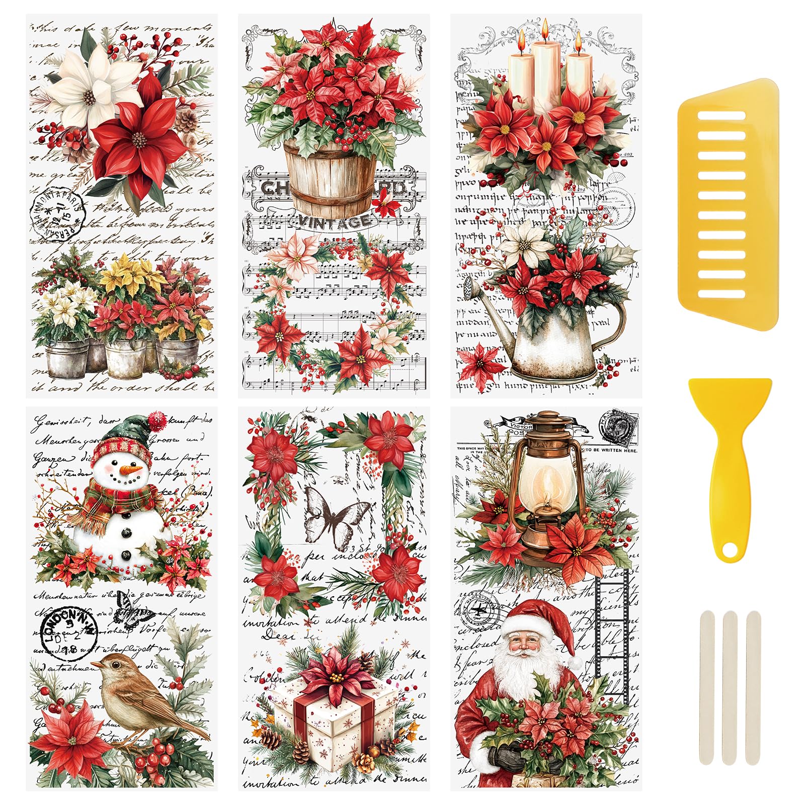 WANDIC 6 Sheets Christmas Flowers Letter Theme Rub On Transfer Sticker, Flower Decal for Home Party DIY Craft Scrapbooking Photo Furniture,15 * 30cm