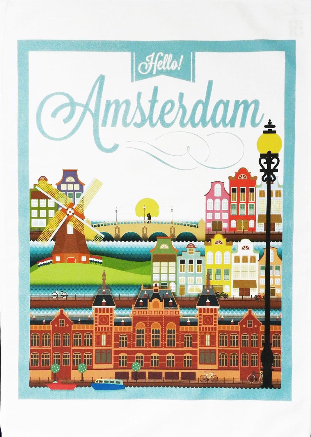 Half a Donkey Hello Amsterdam Vintage Style Travel Poster - Large Cotton Tea Towel, Multicolor, 65L x 47W cm