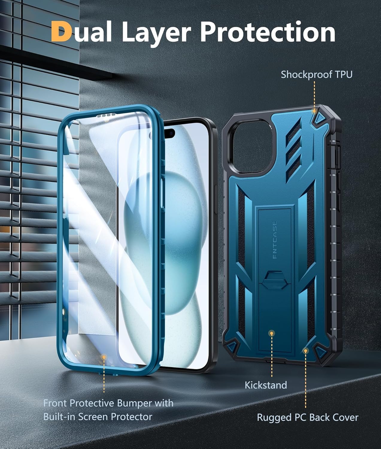 FNTCASE for iPhone 15 Plus Case: for iPhone 14 Plus Case Military Grade Rugged Cell Phone Cover with Kickstand | Shockproof TPU Protection Bumper Matte Textured Design 6.7 inches (Blue) - Image 8