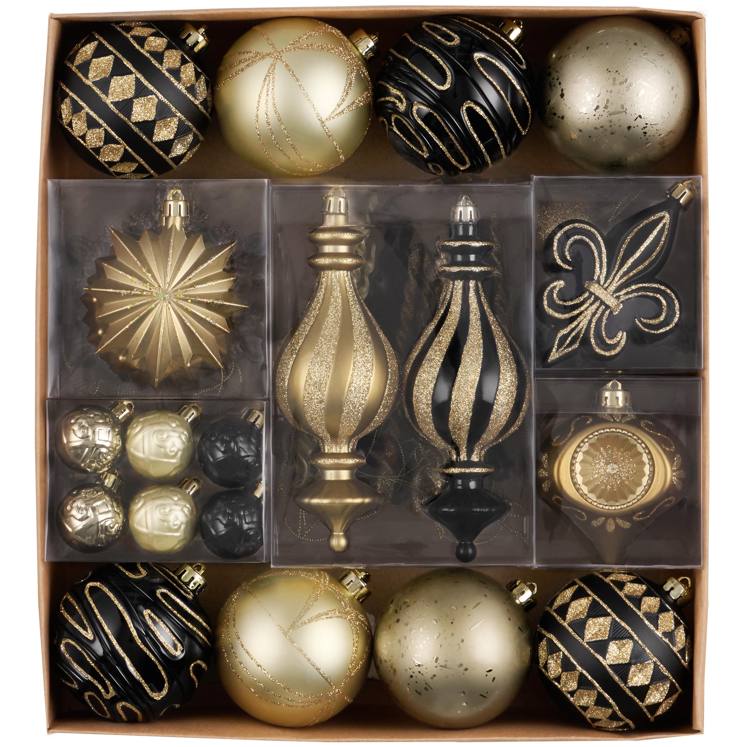 Boules de Noël incassables noires et dorées pour créer une ambiance de fête chaleureuse