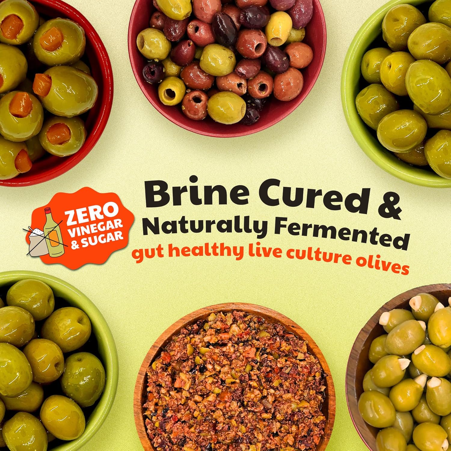 Olive My Pickle Live Culture Probiotic Mixed Olives - 6 Pack Olives Individual Packs of Butter Green Pitted Olives, Red Pepper & Garlic Stuffed Green Olives, Greek Olives Mix, Muffuletta Olive Salad