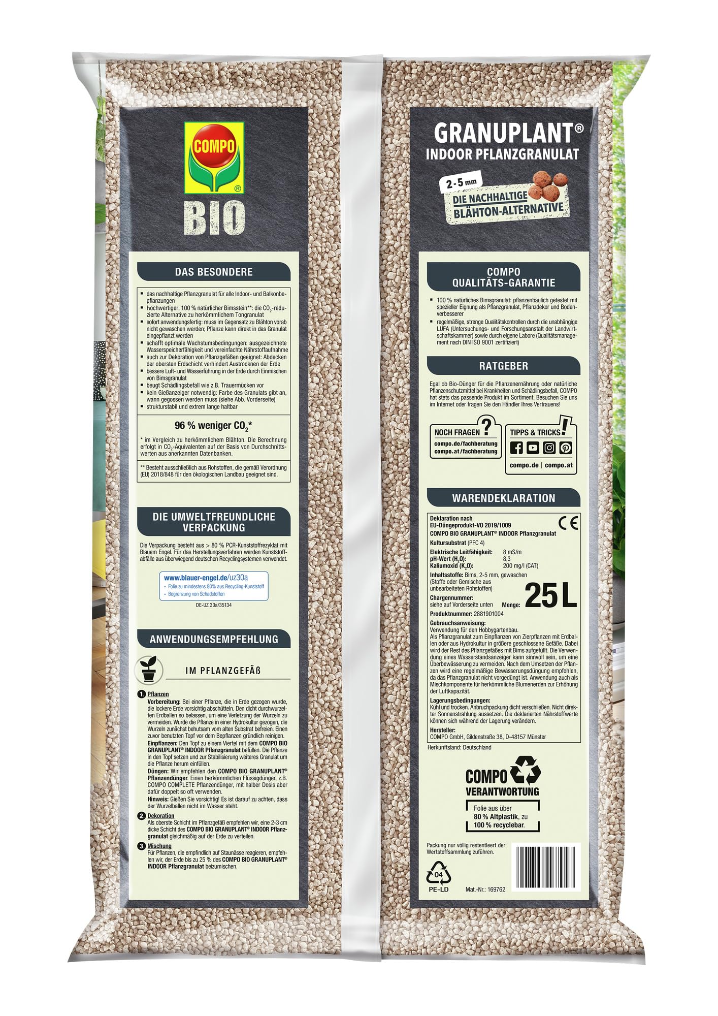 COMPO Bio Granuplant Granuplant, granulés de Drainage et de Plantation d'intérieur - Pierre Ponce 100% Naturelle - Alternative Durable à l'argile expansée - 6 litres