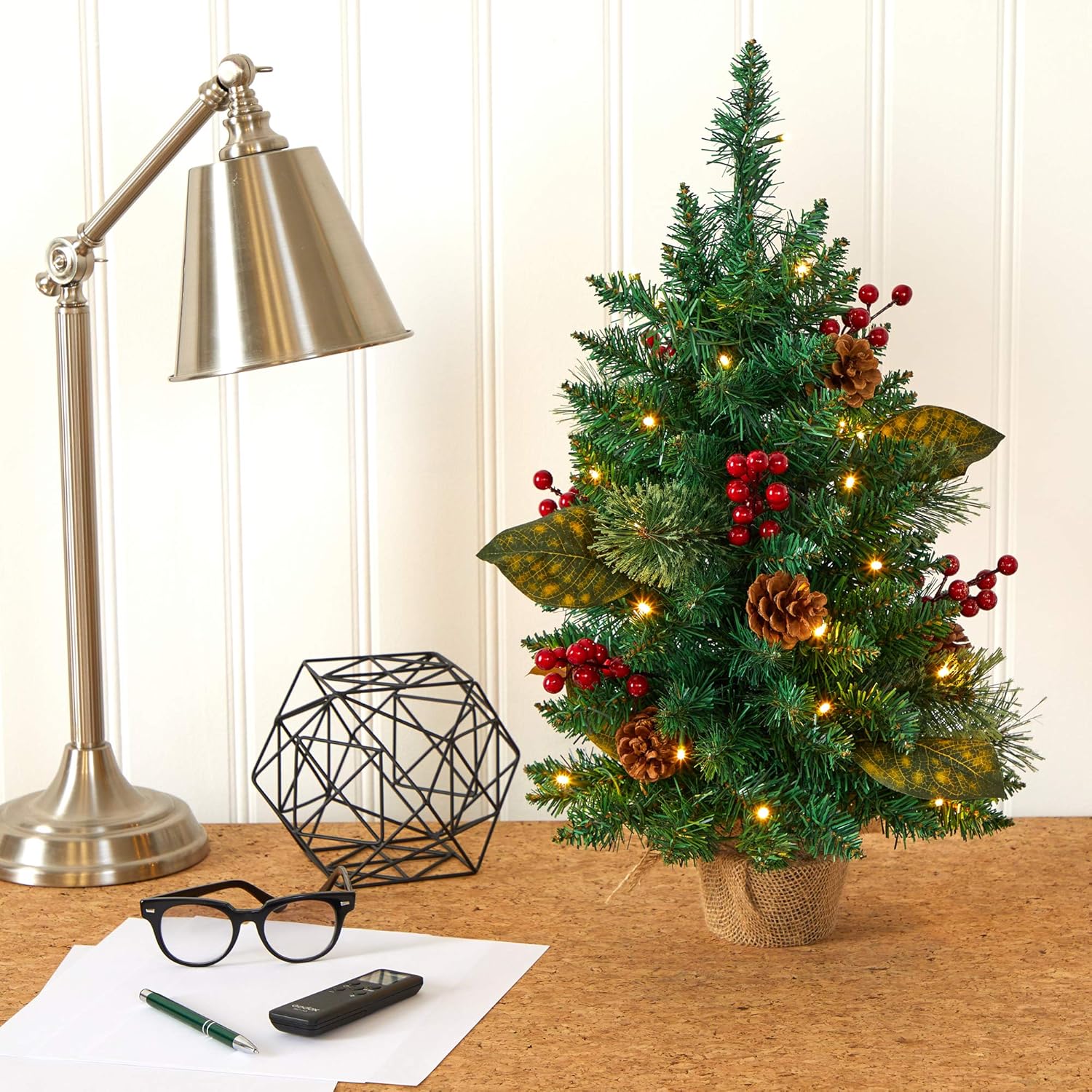 Nearly Natural 2ft. Pine, Pinecone and Berries Artificial Christmas Tree with 35 LED Lights and 86 Bendable Branches