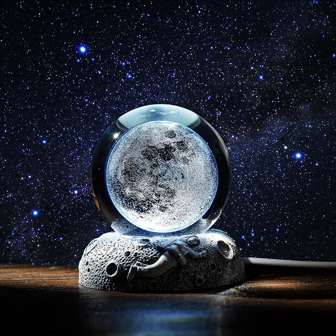 ZEERSHEE ZEERSHEE 3D Moon Crystal Ball with LED Stand Glow Resin Base 60mm Glass Ball Night Lamp Indoor Figurine Lamps for Home Decor (Only USB Power)