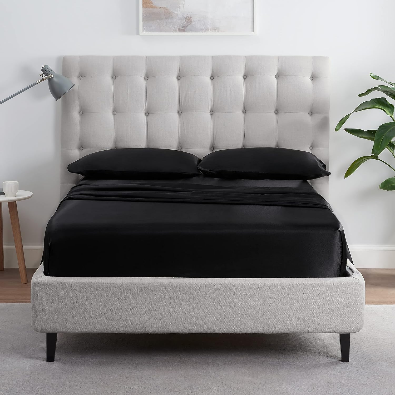 SERTA SatinLuxury 4pc Soft Lightweight Deep Pocket Bedding Silky Satin Sheet Set with Pillowcases, Queen, Black : Home & Kitchen