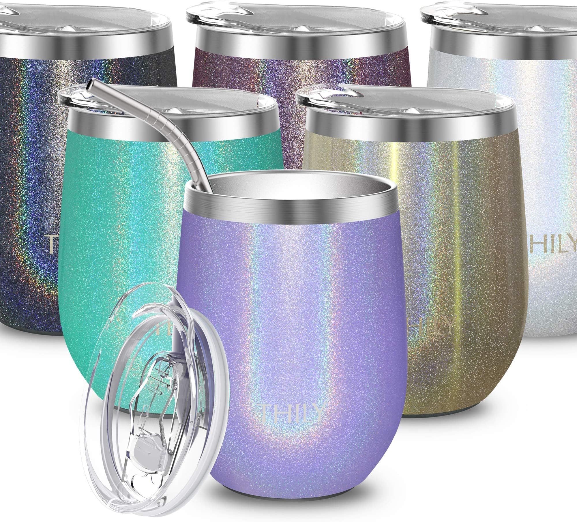 12oz Insulated Stainless Steel Wine Tumbler with Lid & Straw - Stemless Travel Cup for Coffee, Wine, Beer - Hot/Cold Drinks - Glitter Lavender