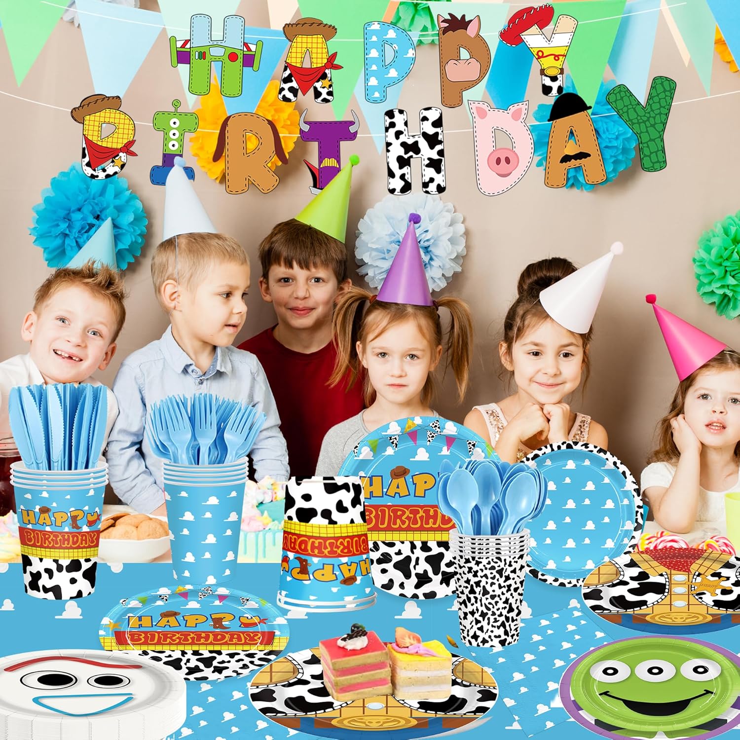 171pcs Toy Birthday Party Supplies Include Paper Plates Napkins Cups Banner Tablecloths for Toy Birthday Party Decorations Disposable Tableware Set for Kids Serve 24 Guests