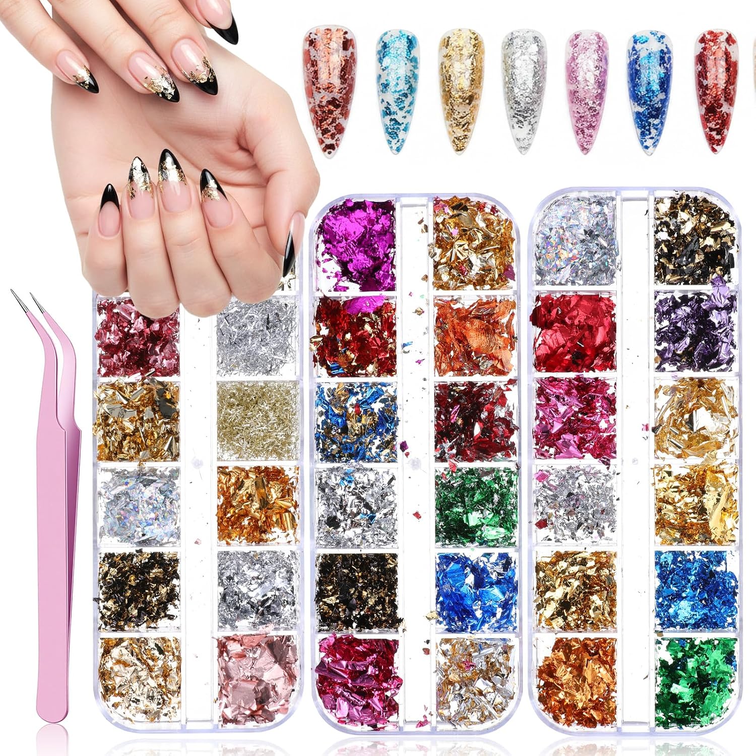Gold Foil for Nails, 36 Colors Gold Foils Nail Glitter Supplies Sparkly Ultra-Thin Nails Gold-Flakes Holographic Foils Nail-Art Decoration Nail Sequins Manicure Supplies for Women Girls