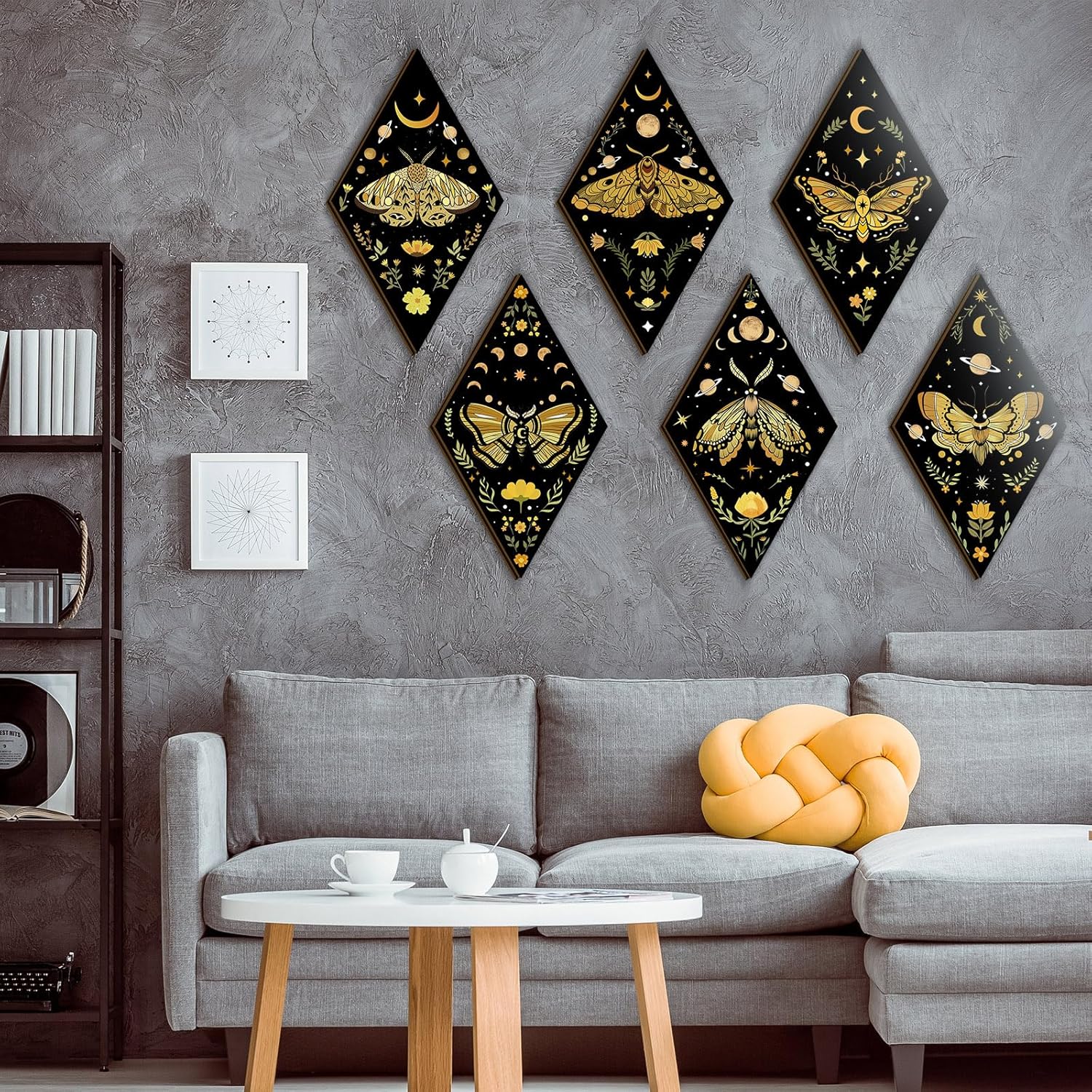Sintuff 6 Pieces Halloween Gothic Wall Decor Boho Sun Moon Phases Wall Art Gothic Minimalist Stars Sun Hanging Wooden Home Decor Farmhouse Pediments for Gallery Living Bedroom Room(Moth)