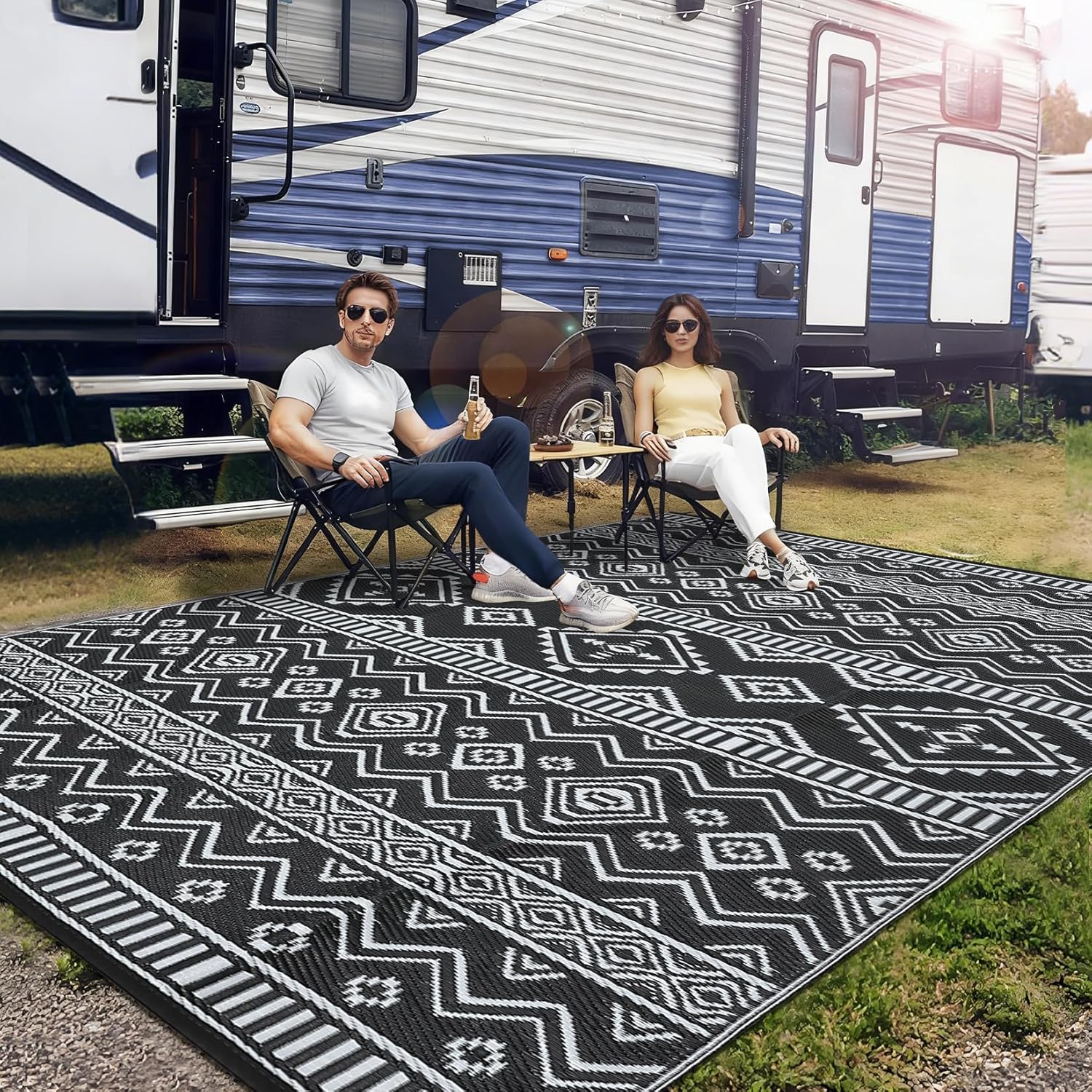 Boho 10x20 Waterproof Outdoor Rug, Reversible Plastic Straw Mat, Tribal Geometric Washable RV Camping Carpet, Foldable UV Resistant Deck Rug for Picnic Backyard Balcony Porch Patio, Black