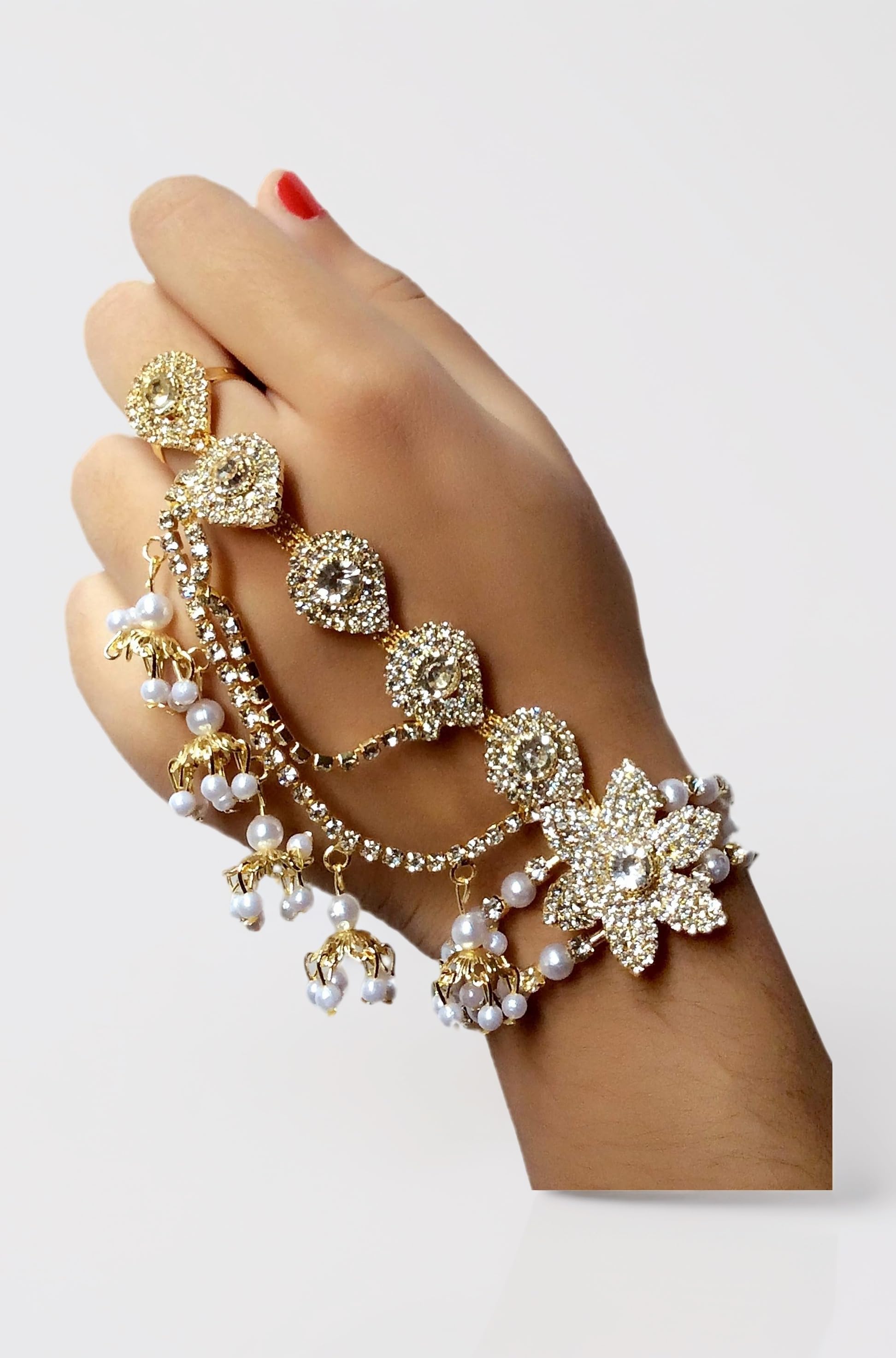 Free Size Silver Plated Pearls Tassels Hath Phool Hand Thong Crystal Bracelet with Finger Ring for Women and Girls Wear on Wedding and Occasions (Single Hand Only)