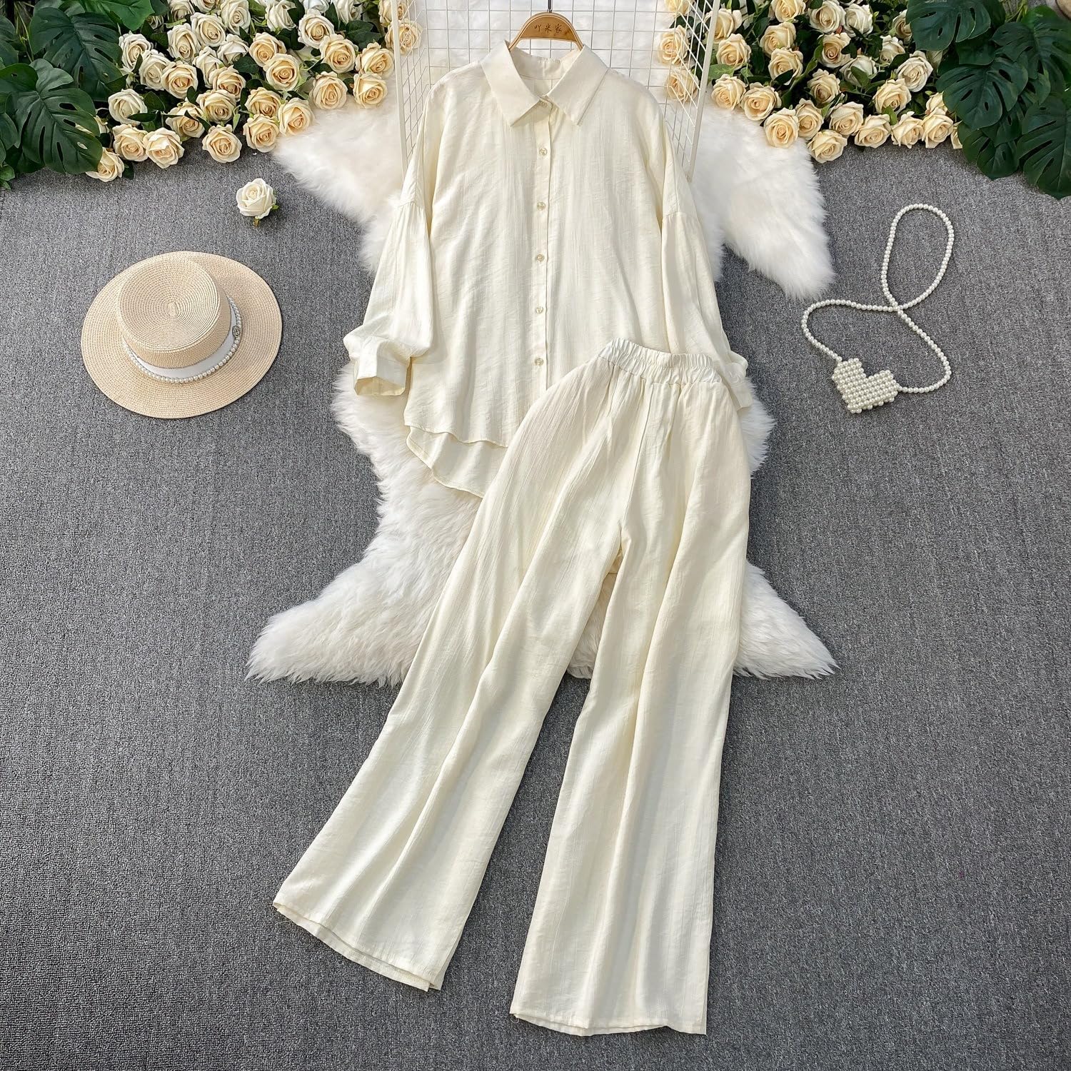 Women Summer Two Piece Set Shirt Wide Leg Pants Casual Vacation Outfit