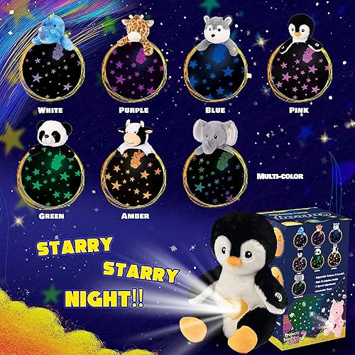 Miniatura 6 de Cuteoy Proyector de estrellas de pingüino de peluche, luz nocturna musical ajustable, animales de peluche, juguetes de peluche brillantes, regalos