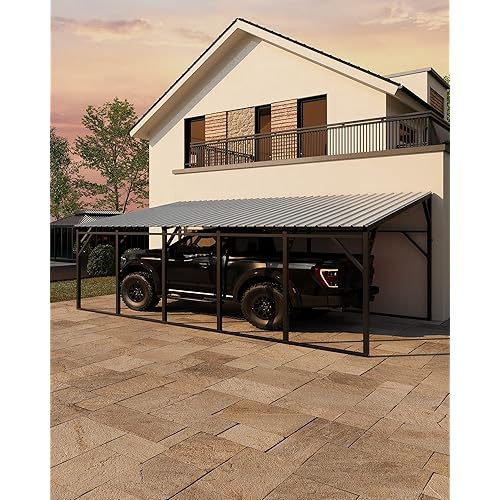 Garvee 12x25 ft Lean-to Metal Carport, Vertical Roof Wall-Mounted Car Port for Snow Shedding, Heavy-Duty 19-Ga. Steel Frame, 107" to 78" Height for Long-Bed Pickup & SUV