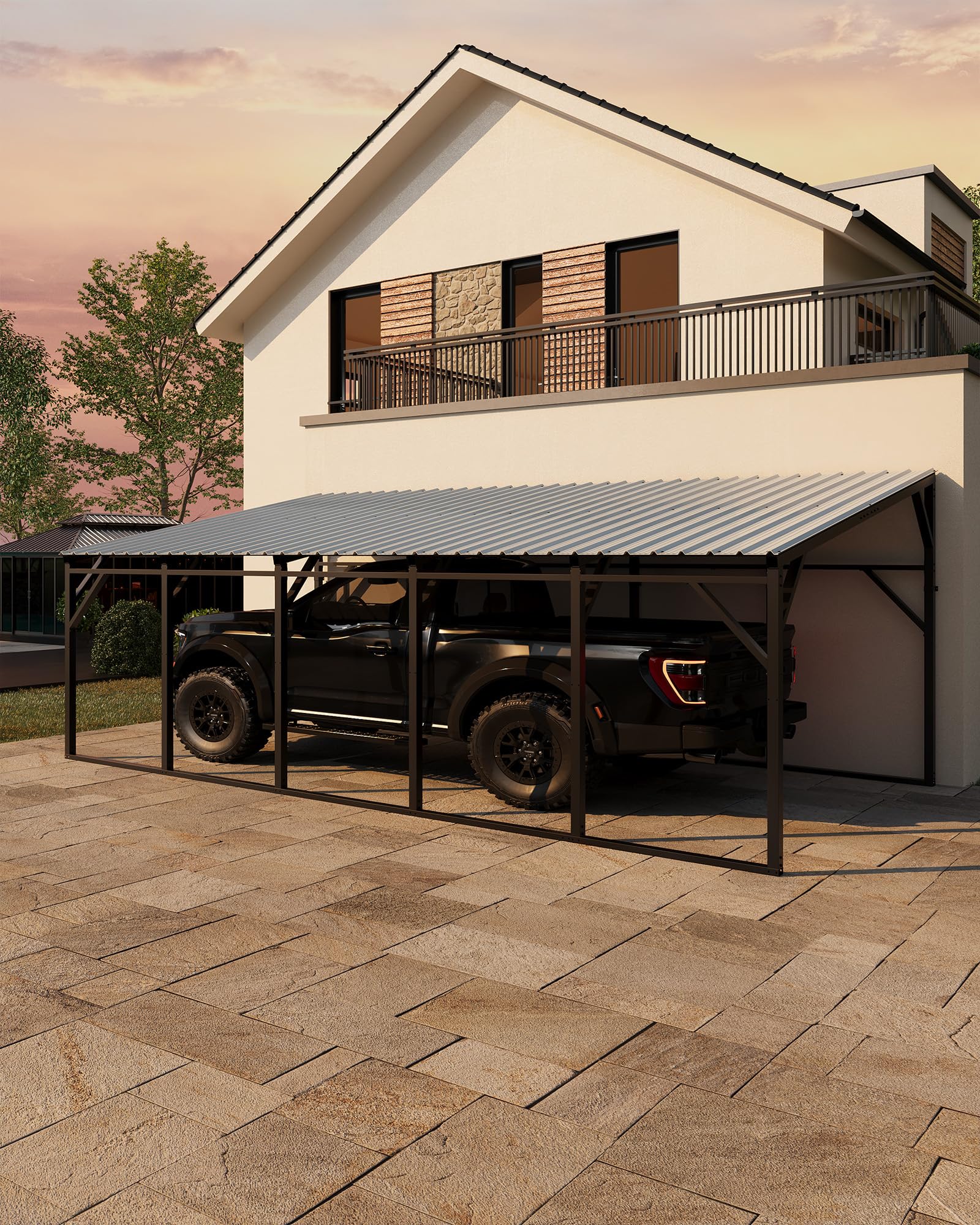 Photo 1 of Garvee 12x25 ft Lean-to Metal Carport, Vertical Roof Wall-Mounted Car Port for Snow Shedding, Heavy-Duty 19-Ga. Steel Frame, 107" to 78" Height for Long-Bed Pickup & SUV