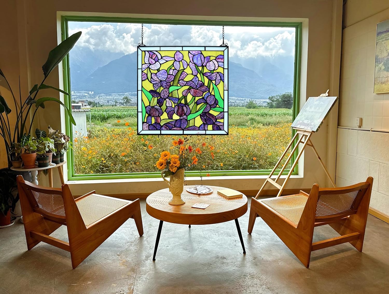 YonLouky 17 inch Purple Iris Flower Stained Glass Window Hanging,100% Real Stained Glass Panel Purple Flower for Home Decor(YLK001)