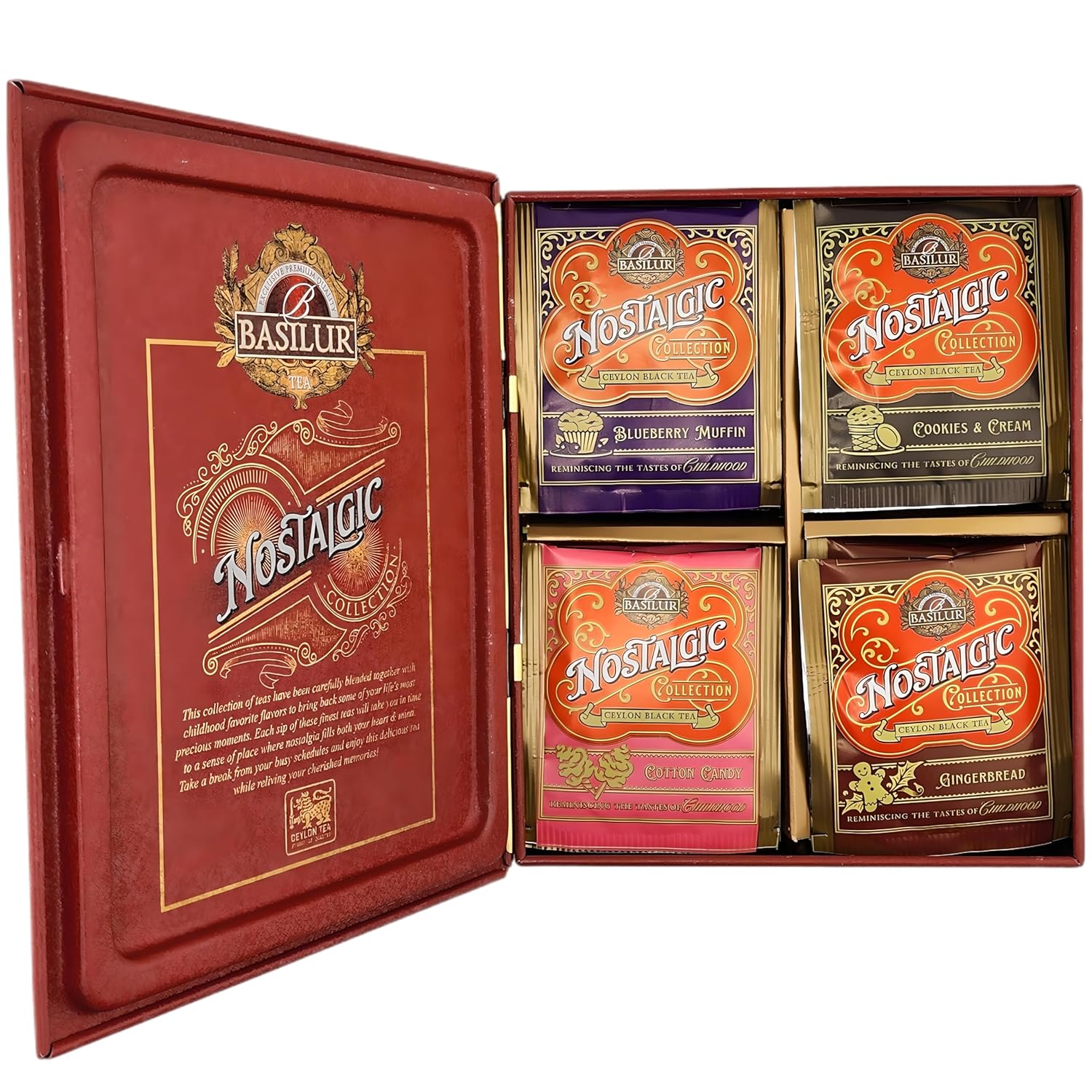 Basilur Nostalgic Assorted Tea Sampler - 32 Ceylon Tea Bags in a Luxurious Book-Shaped Tin Caddy, 4 Unique Flavors: Blueberry Muffin, Cookies & Cream, Cotton Candy, Gingerbread - The Perfect Tea Gift Set