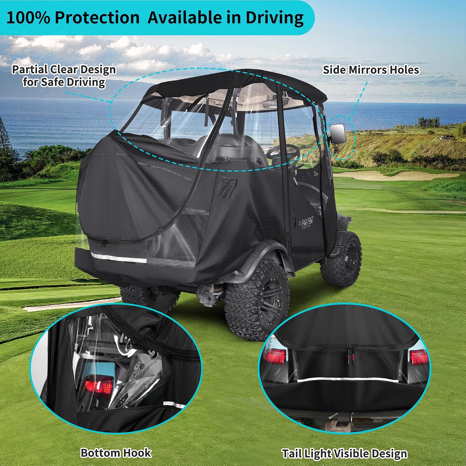 4 Passenger Golf Cart Enclosure, Storage Cover Fits for Club Car Precedent 2+2, Windproof 600D Waterproof Portable 4-Sided Clear Window & Roll-up Zipper Door (Black/Transparent)