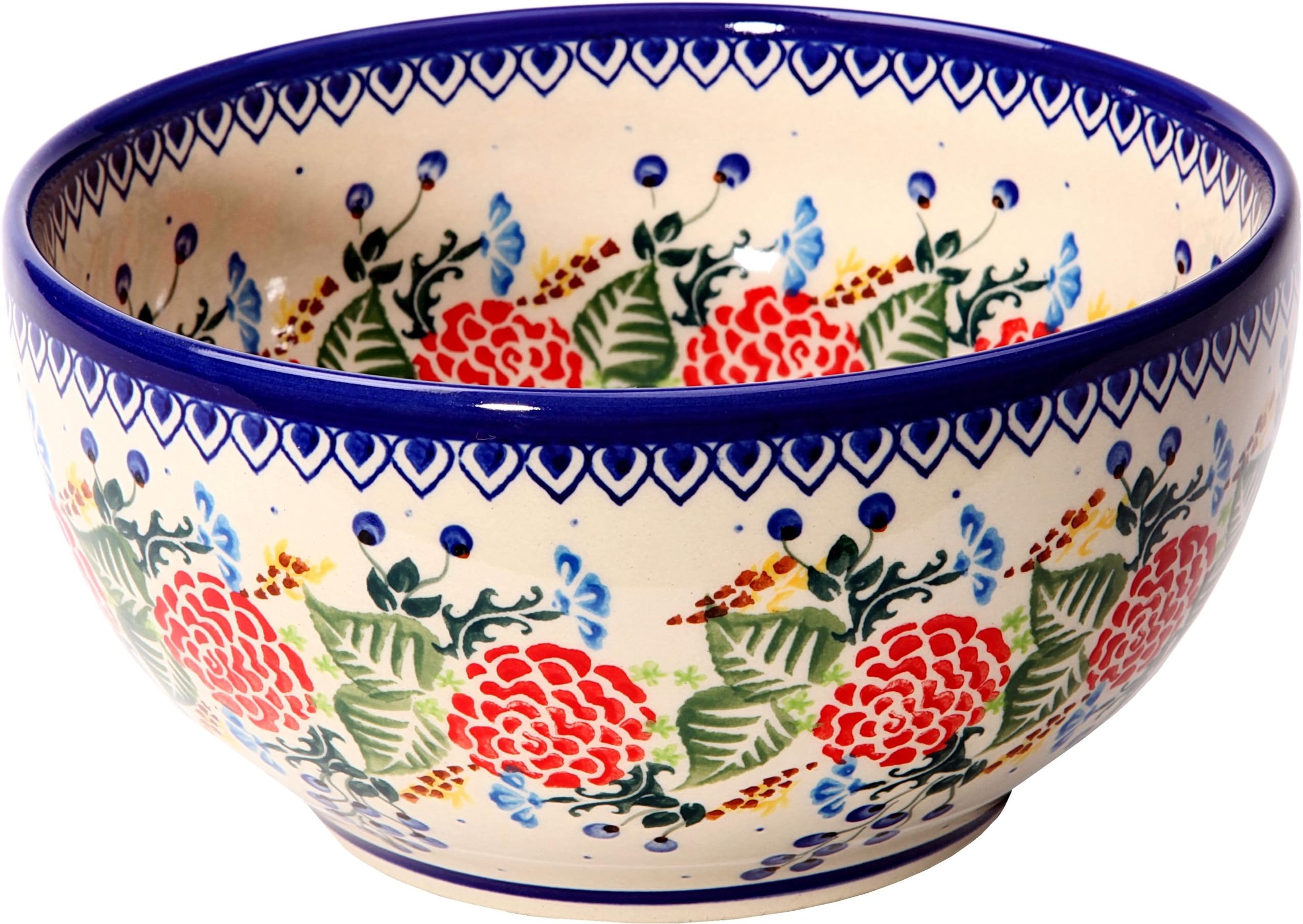 Polish Pottery Ceramika Boleslawiec 0410/280 Royal Blue Patterns with Red Rose Motif Bowl 19, 5-1/4-Cup