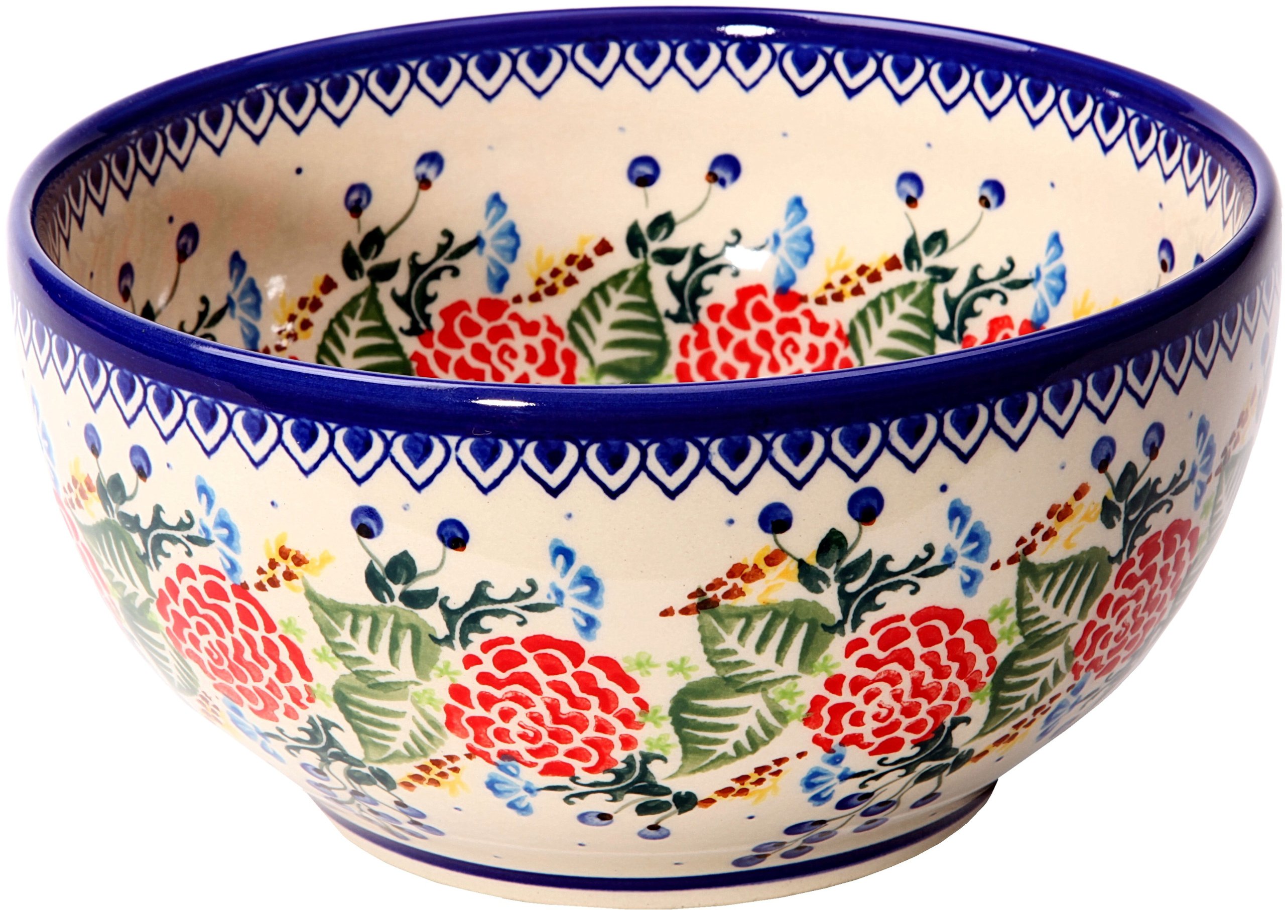 Polish Pottery Ceramika Boleslawiec 0410/280 Royal Blue Patterns with Red Rose Motif Bowl 19, 5-1/4-Cup