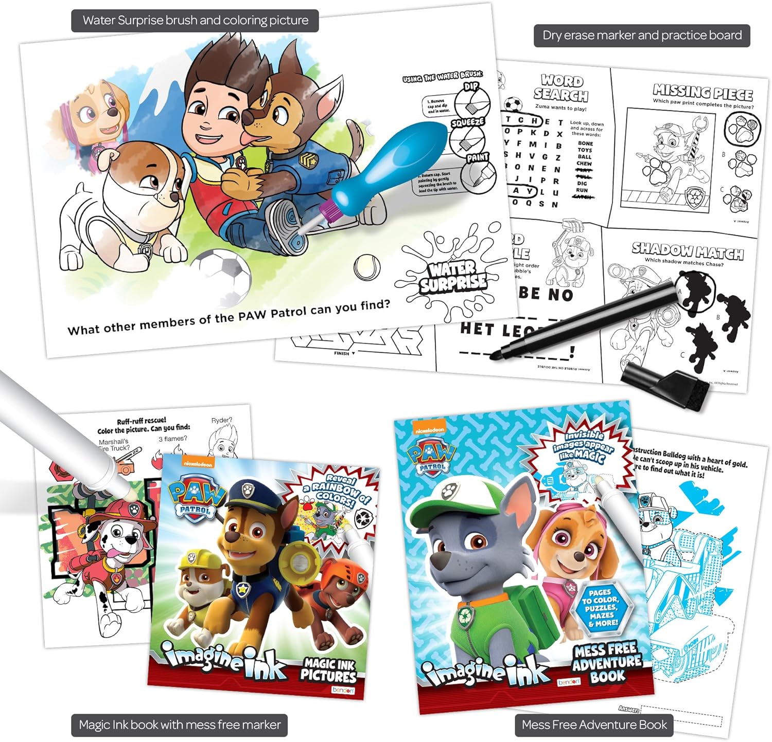 Nickelodeon PAW Patrol Imagine Ink 4-in-1 Coloring Book Activity Set with 2 Imagine Ink Activity Books, 2 Mess Free Utensils, a Water Surprise Board, & a Write & Wipe Board with Marker Bendon 41849