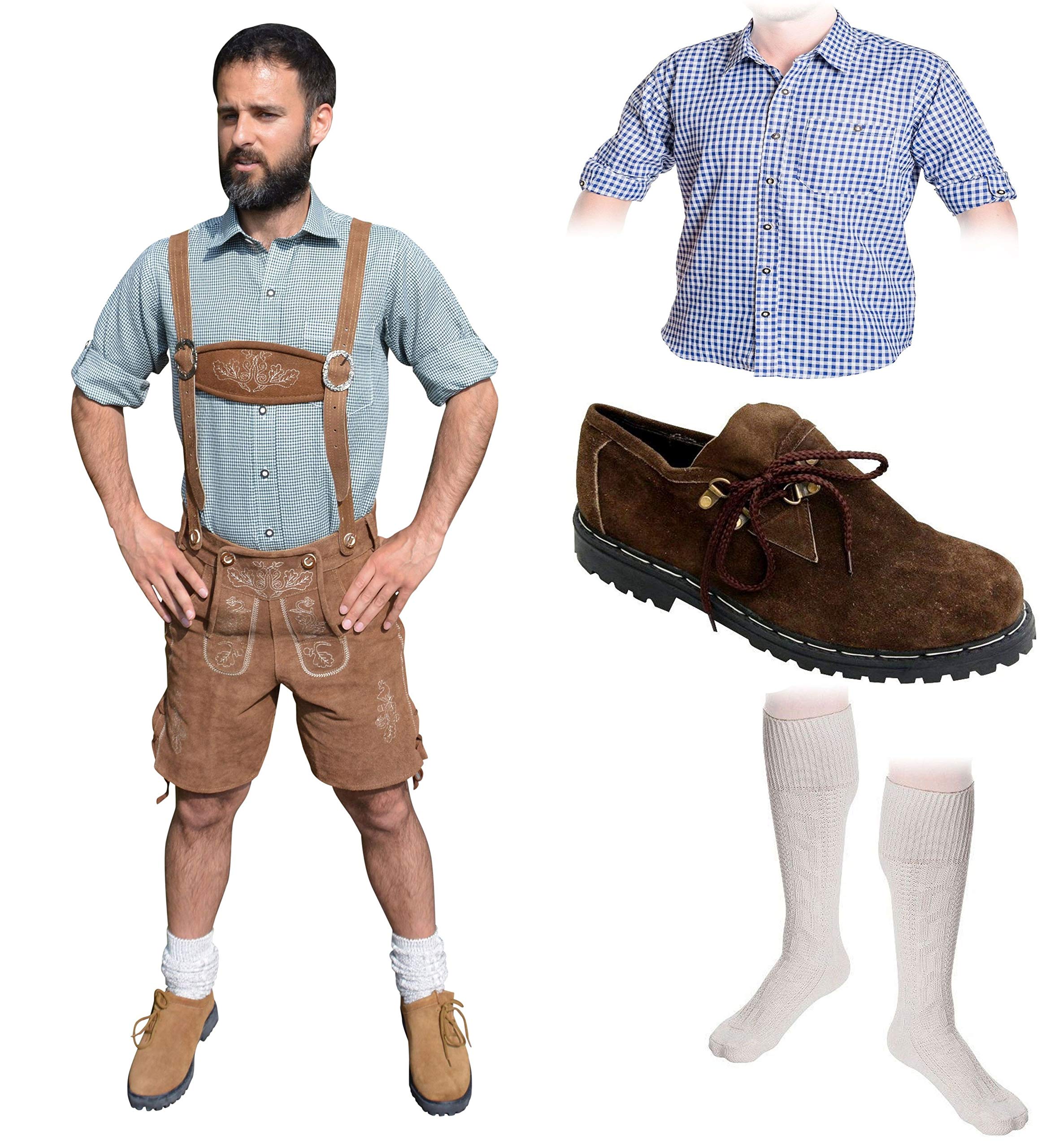 Herren Trachten Set A 5-teilig * kurze * Trachten Lederhose HELLBRAUN 46-60 Trachtenhemd Trachtenschuhe Trachtenstrümpfe Oktoberfest