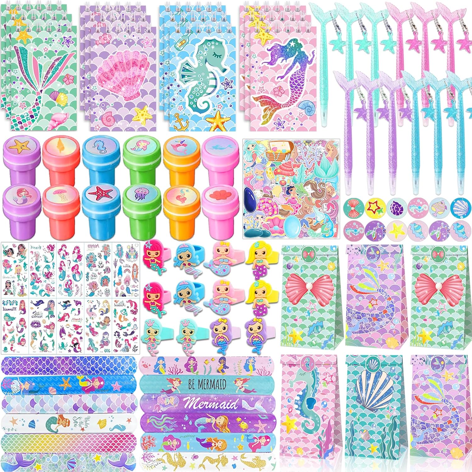 Bluegogo 132 Pcs Mermaid Party Favors, Mermaid Birthday Party Favorsfor Kids with Mini Notebooks Pens Slap Bracelets Rings Hairpin Stampers Stickers Bags for Girls Birthday Party Decorations Supplies