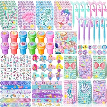 Bluegogo 132 Pcs Mermaid Party Favors, Mermaid Birthday Party Favorsfor Kids with Mini Notebooks Pens Slap Bracelets Rings Hairpin Stampers Stickers Bags for Girls Birthday Party Decorations Supplies