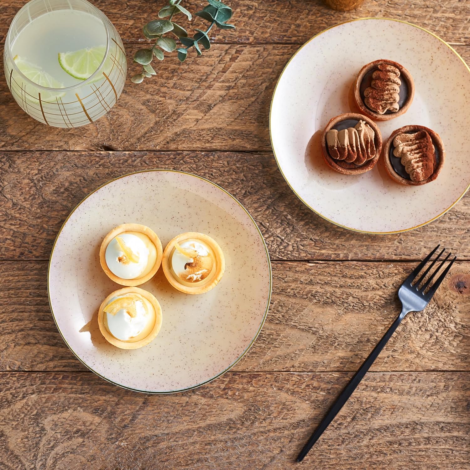 PLASTICPRO 64 Pack Elegant Disposable Plastic Plates Combo Set Includes 32 Dinner Plates and 32 Salad Plates Heavy Duty Fancy Party Plates Pink Granite Plates with Gold rim