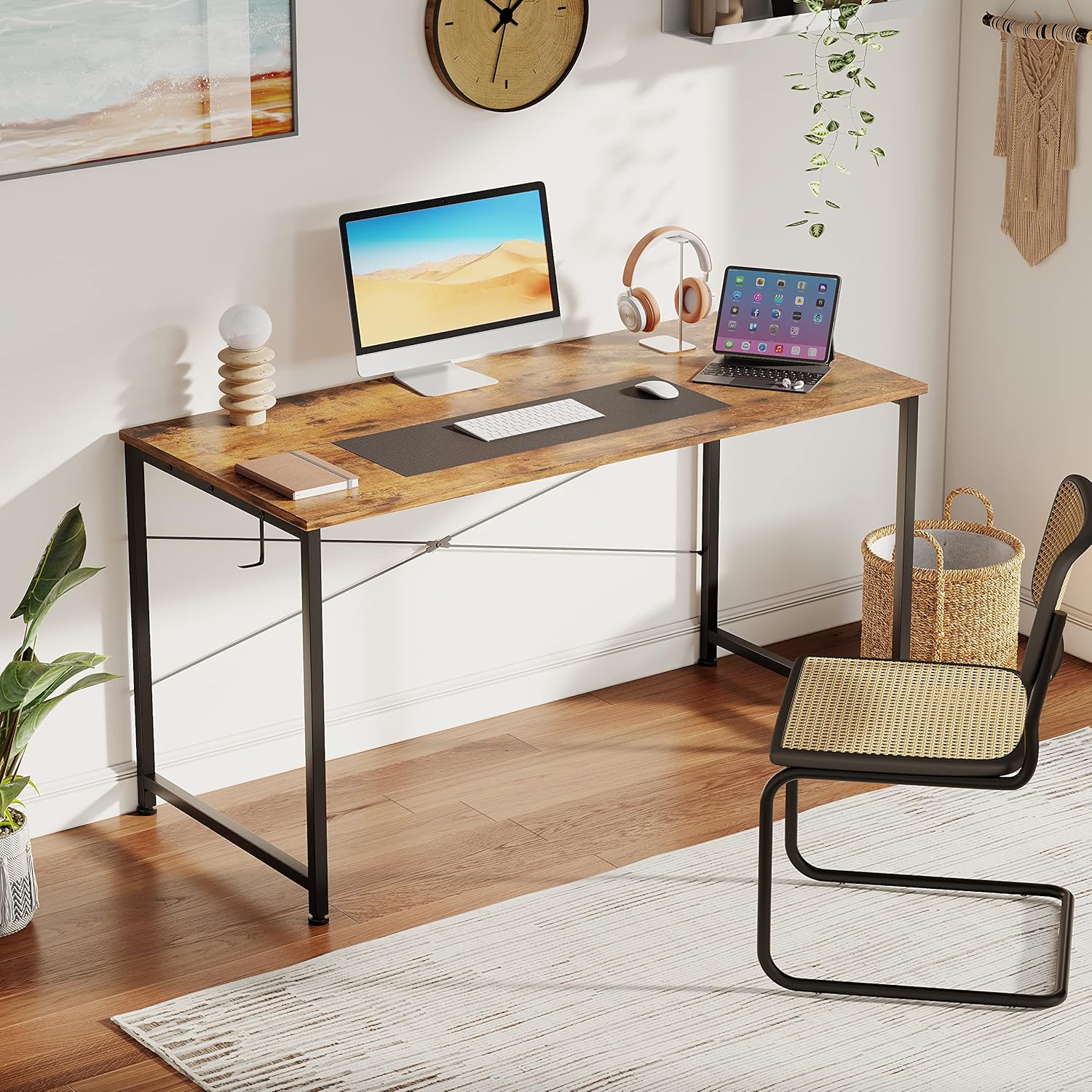 Flrrtenv 39 Inch Computer Desk, Small Writing Table with Sturdy Metal Frame and X-Shaped Design, Corner Desk for Home Office, Rustic Brown - Image 2