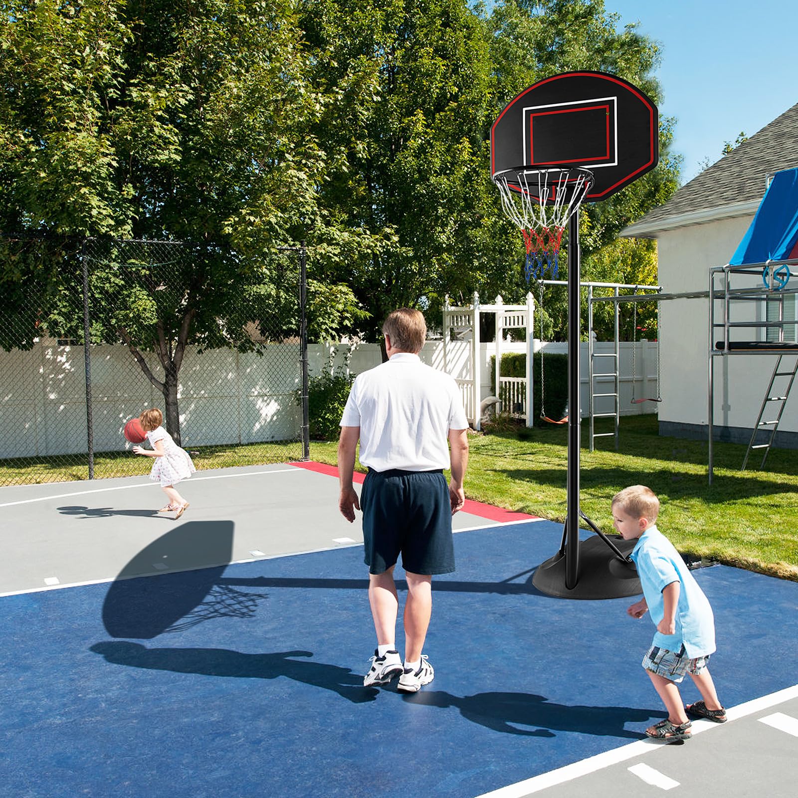 GYMAX Canestro da basket e supporto, sistema di porta da basket regolabile in altezza con base riempibile e ruote integrate, set di rete da basket portatile per esterni e interni, per bambini, ragazzi