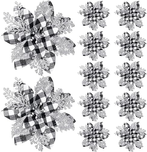 Miniatura 7 de Flores de Pascua artificiales de 5.7 pulgadas con purpurina y clips para árbol de Navidad, decoración de flores de pascuas (dorado, 12 piezas)