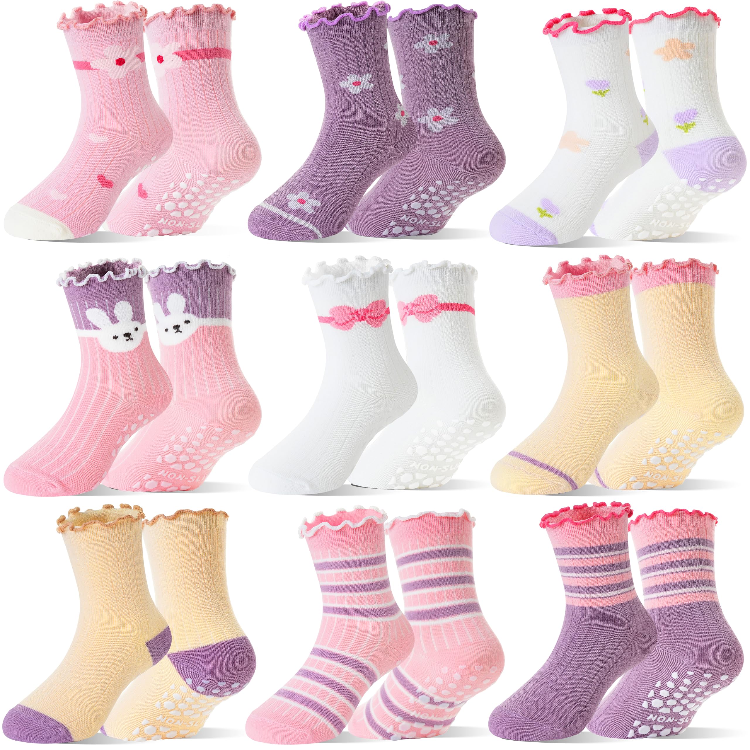 SAVALOS Stoppersocken Kinder,Rüschen Socken für Baby Mädchen | Rutschfeste Sohle, Atmungsaktive Baumwolle, Hochelastisch, Hautfreundlich, Niedliches Rüschenbündchen, 9 Paar