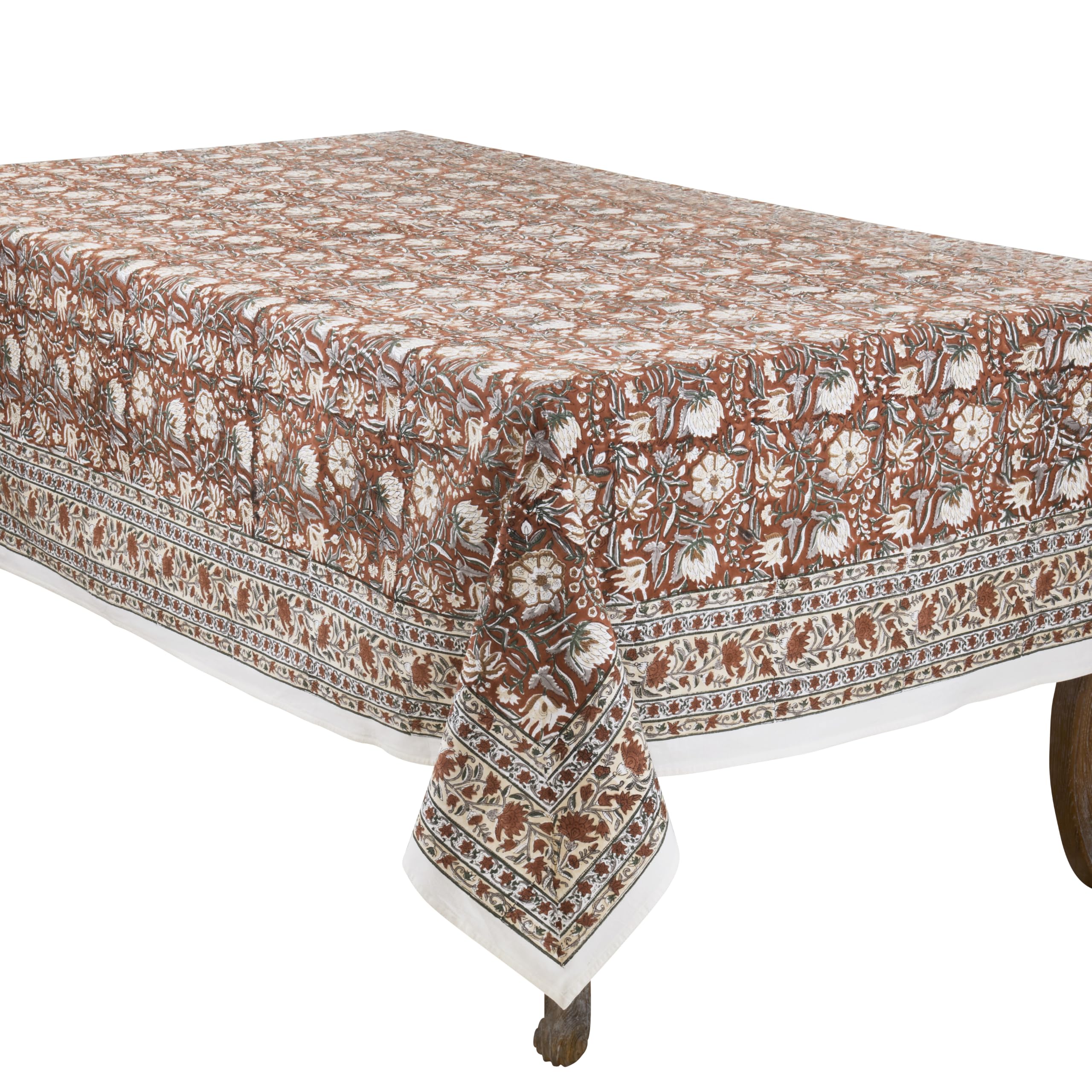 SARO LIFESTYLE Rustic Botanical Tablecloth - Everyday Floral Tablecloth with Vintage Block Print Design for Farmhouse Dining, Kitchen Tables, and Seasonal Entertaining, 60"x90", Rust