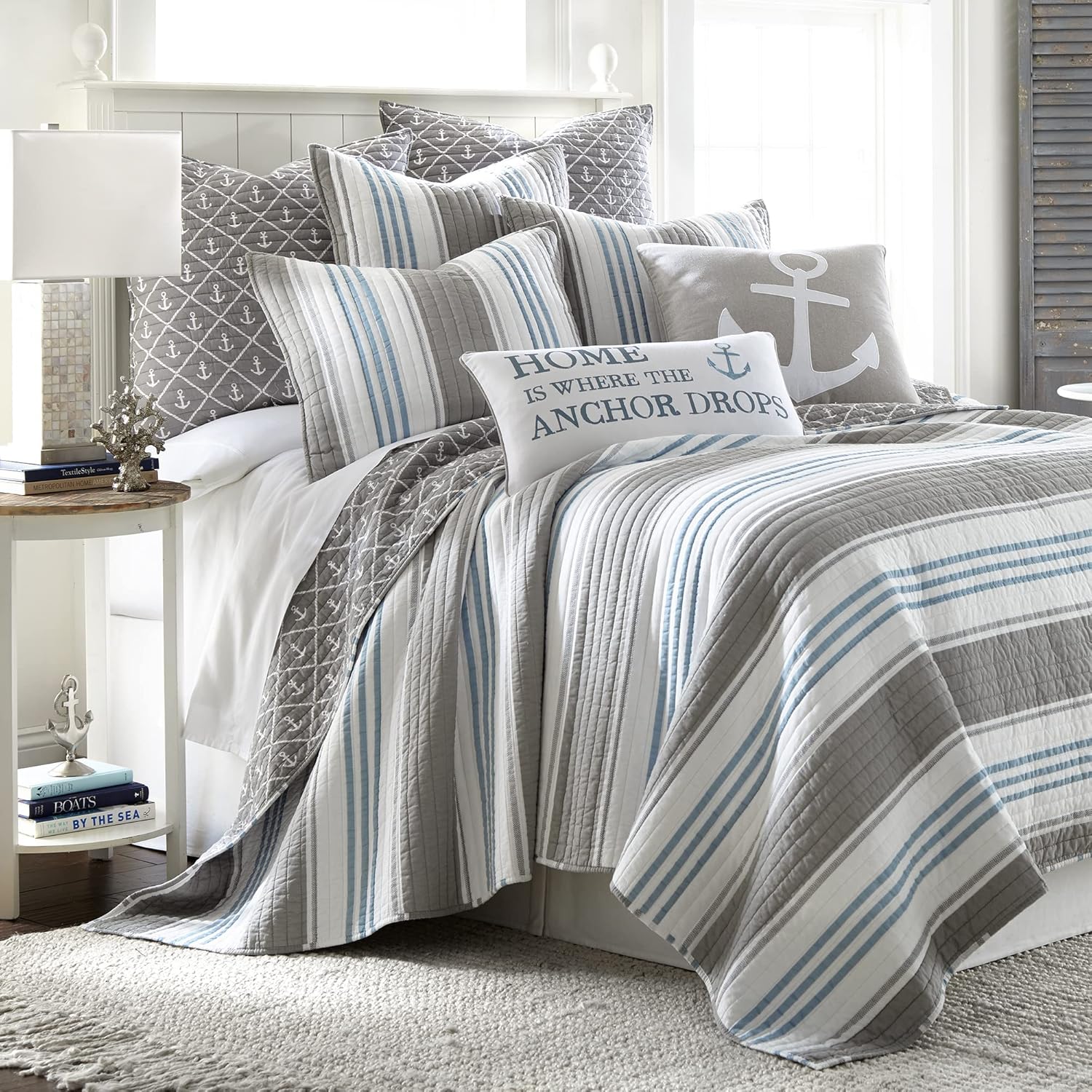 Levtex Home - Provincetown King/Cal King Quilt - Striped Coastal - Grey, White, and Blue - Quilt Size (106x92in.) - Reversible - Cotton Fabric