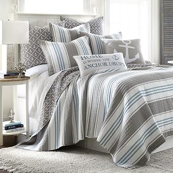 Levtex Home - Provincetown Twin/Twin XL Quilt - Striped Coastal - Grey, White, and Blue - Quilt Size 68x86in. - Reversible - Cotton Fabric