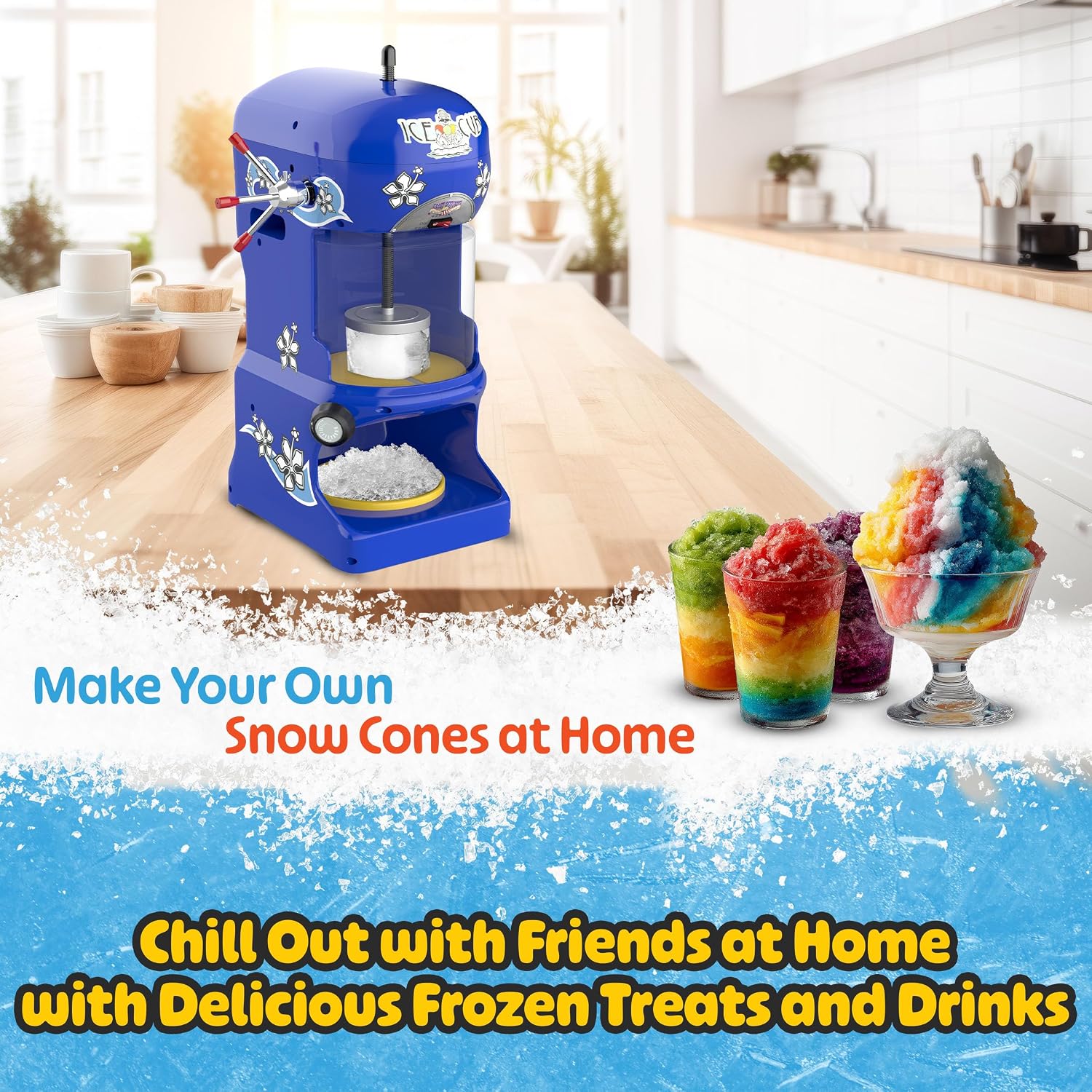 Great Northern Popcorn Company Premium Quality Ice Cub Shaved Ice Machine Commercial Ice Shaver, Blue, 1/3 hp, 6057 Ice Cub Shaver | Electric Ice Shaver and Snow Cone Machine with 1725RPM Stainless Steel Blades - Slushie Maker for Home, Bar, or Restaurant image 3