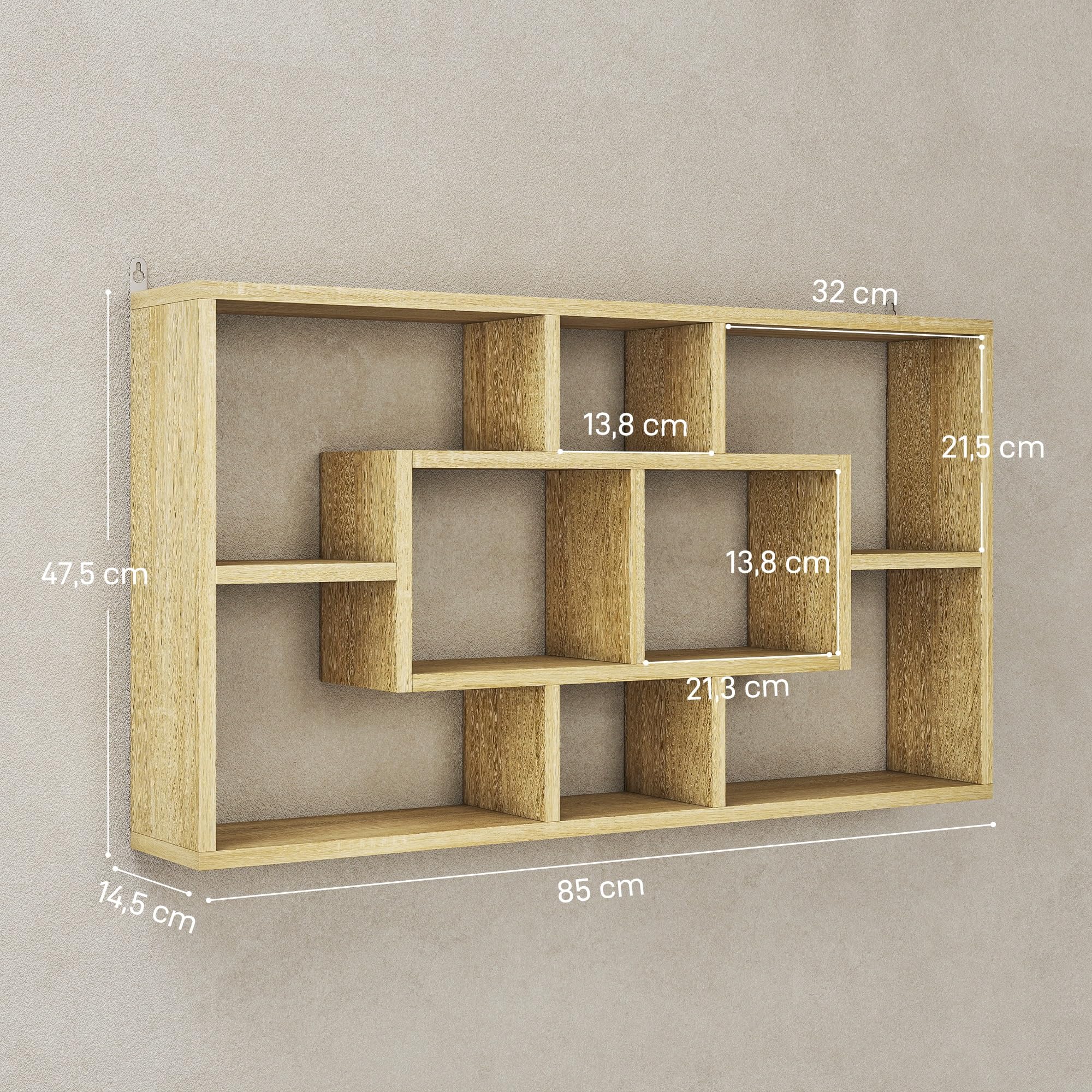 HOMCOM Estante de Pared Decorativo, Estantería para Libro, CDs, Baldas Flotantes con 8 Cubos, 85x14,5x47,5 cm, Carga 20kg, para Oficina, Estudio, Salón, Roble