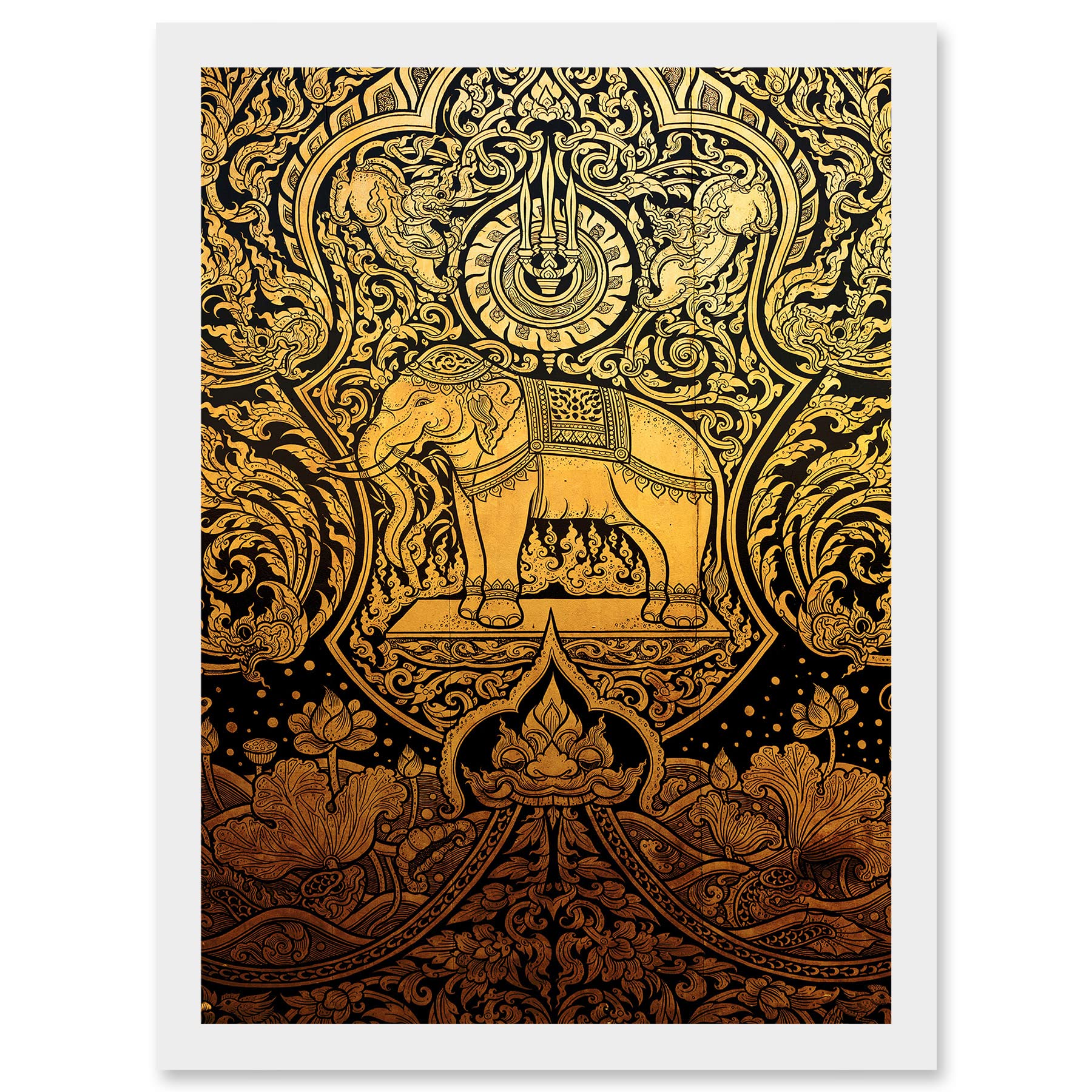 Artery8 Painting Ornate Abstract Thailand Elephant Black Gold Artwork Framed Wall Art Print A4