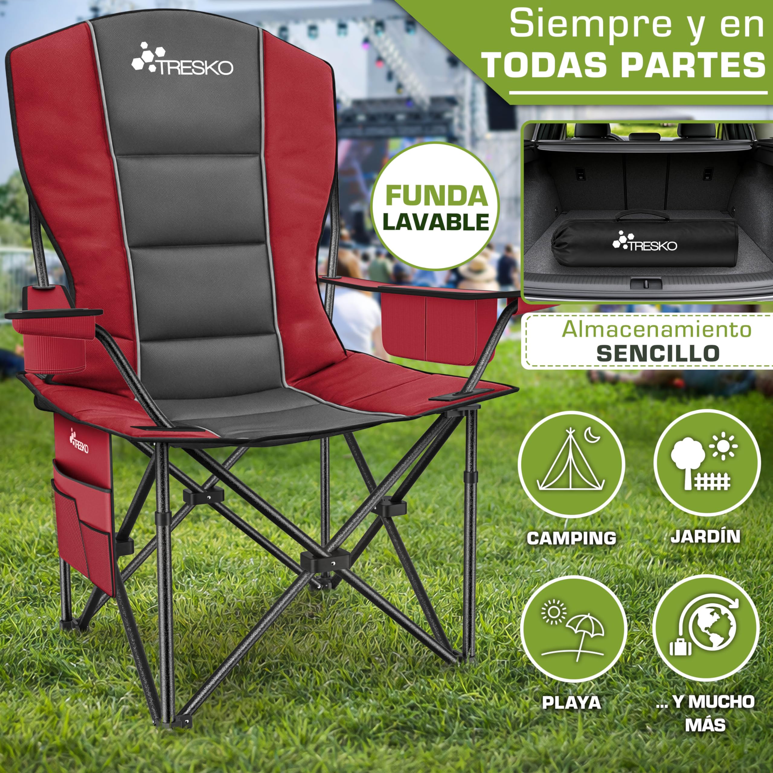 TRESKO® Silla de Camping Plegable y transportable | hasta 150 kg | Silla de Pesca portátil con reposabrazos y portabebidas (Rojo)