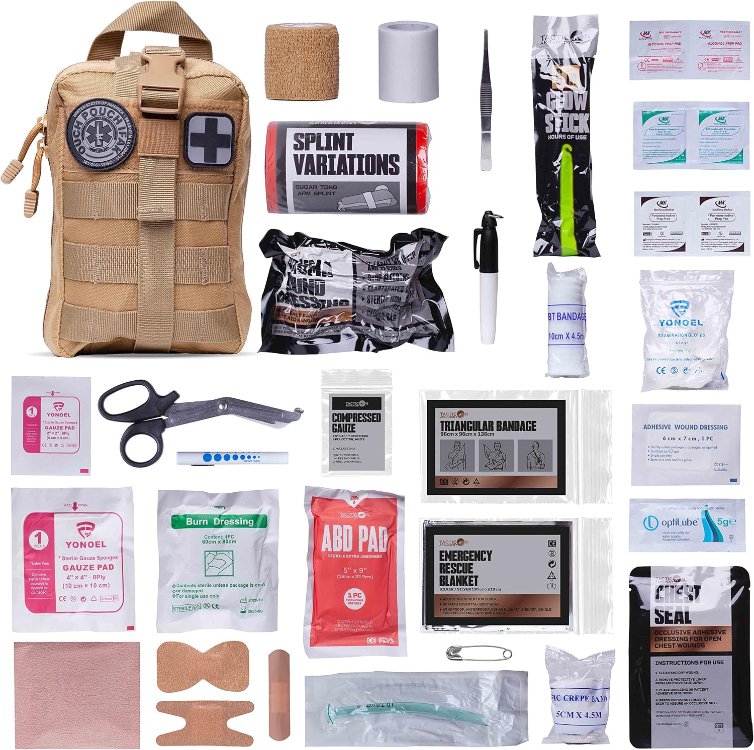 TACTICON V3 Extensive IFAK Trauma First Aid Kit | EMT Survival Med Kit | Chest Seals | Israeli Bandage | Bandages | Belt or MOLLE Attachment | Tactical Emergency Medical Pouch - FDE Tan