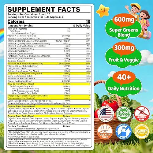 Miniatura 2 de Multivitaminas para niños + gomitas Super Greens para mayores de 4 años, con espirulina, clorella, espinacas, brócoli, calcio, omega-3 (DHAEPA),