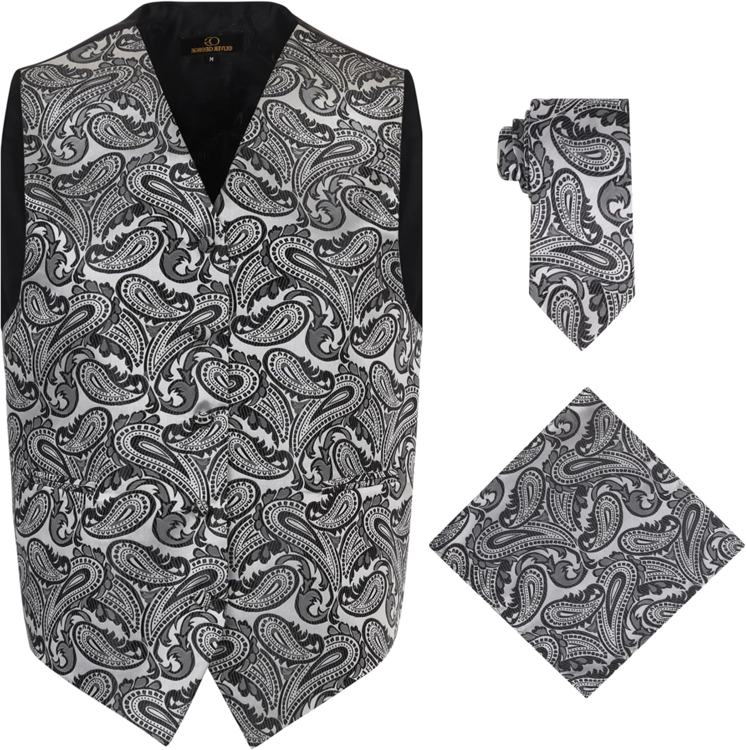 Oliver George Men's Paisley 3pc Formal Vest Set with Necktie & Handkerchief - Tuxedo Suit Accessory XS-4XL